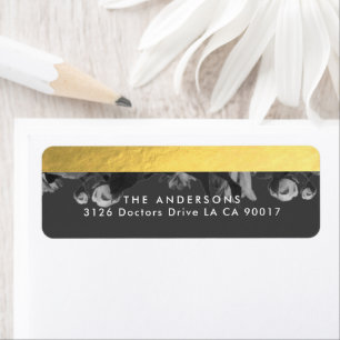 Etiqueta Black Gold Rose Bouquet Wedding return address