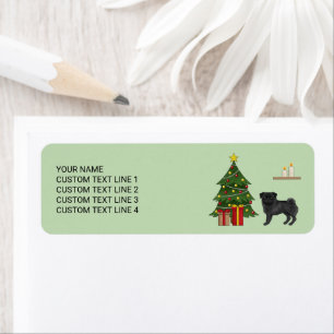 Etiqueta Black Pug Cute Cartog Dog Con Un Árbol De Navidad