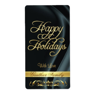 Etiqueta Black Satin Gold Scroll Happy Holidays Wine Label