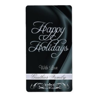 Etiqueta Black Satin Silver Scroll Happy Holidays Wine