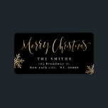 Etiqueta Black Simple Calligraphy Merry Christmas Address<br><div class="desc">Los Navidades personalizados devuelven las etiquetas de la dirección con Relieve metalizado de oro falso caligrafía escrita a mano "feliz Navidad" guión y copos de nieve sobre fondo negro,  simple,  moderno y elegante.</div>