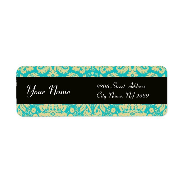 ETIQUETA BLACK YELLOW AQUA BLUE TEAL DAMASK (Frente)