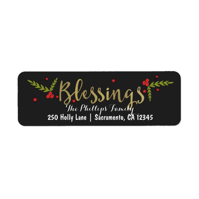 Etiqueta Blessing Black Gold & Red Navidad Holiday Card (Frente)