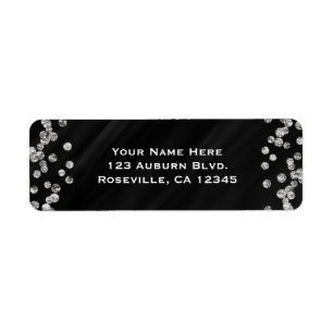 Etiqueta Bling Diamante Negro y Plateado Brillo Glam Fiesta