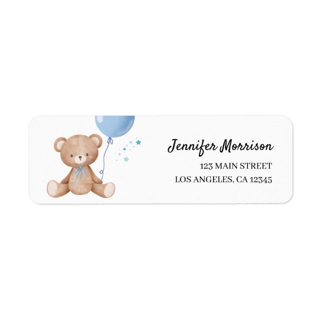 Etiqueta Blue Balloon Teddy Bear Boy Dirección Baby Shower (Frente)