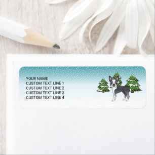 Etiqueta Blue Boston Terrier In A Winter Forest
