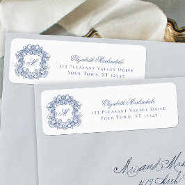 Etiqueta Blue Elegant Crest Monogram Wedding Return Address