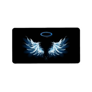 Etiqueta Blue Glowing Angel Wings on black background
