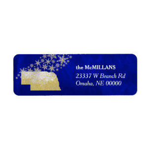 Etiqueta Blue Gold Snowflake Nebraska Return Address