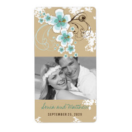 Etiqueta Blue Hibiscus Tropical Beach Wedding Wine Labels