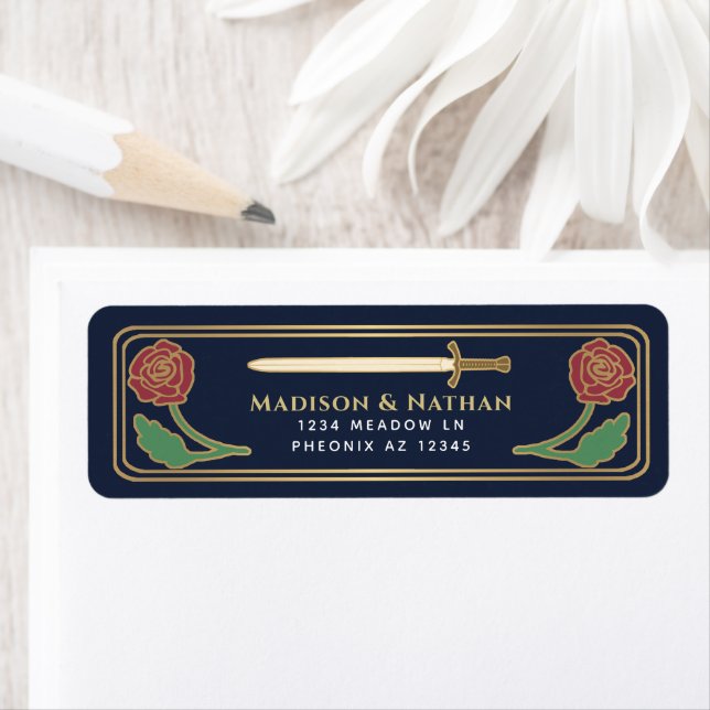 Etiqueta Blue Medieval Fantasy Gold Sword Wedding Label (In situ)