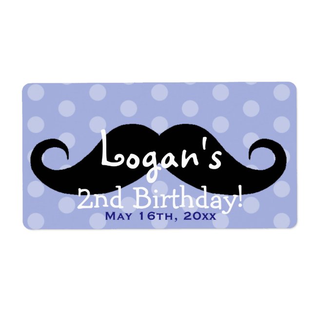 Etiqueta Blue Polka Dot Mustache Botella de agua de cumplea (Frente)