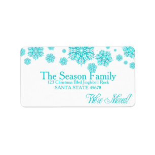 Etiqueta Blue snowflakes "we've moved" Christmas label