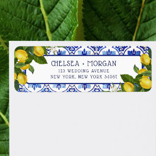 Etiqueta Blue Tiles Lemon Couple Boda Mediterráneo