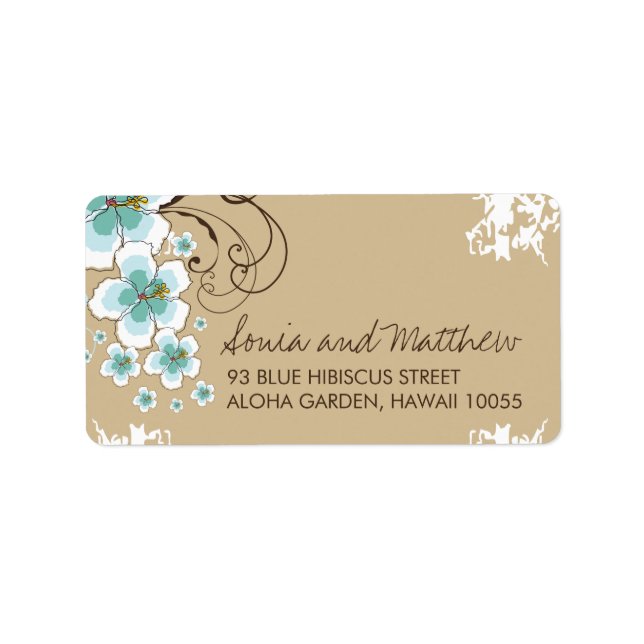 Etiqueta Blue Tropical Hibiscus Beach Wedding (Frente)