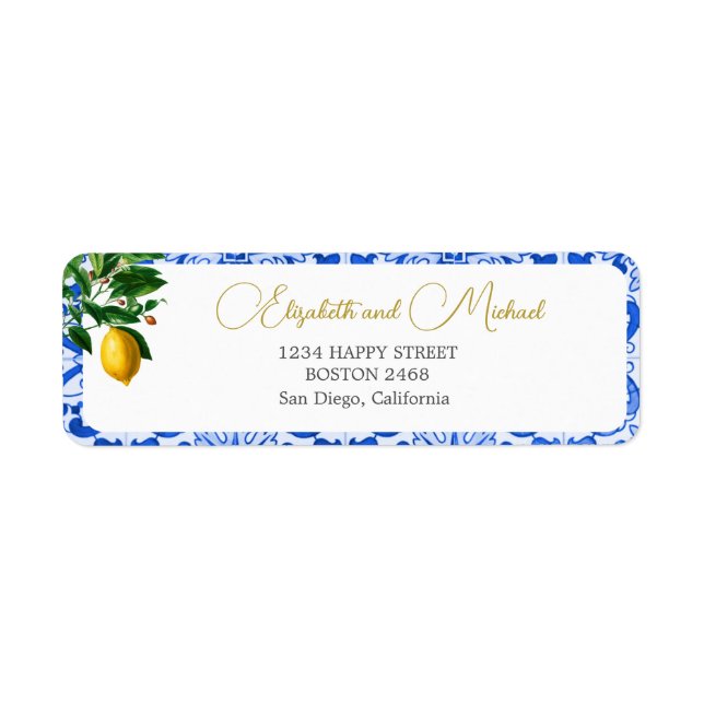Etiqueta Blue White Tile Lemon Elegant Boda de Moda moderna (Frente)