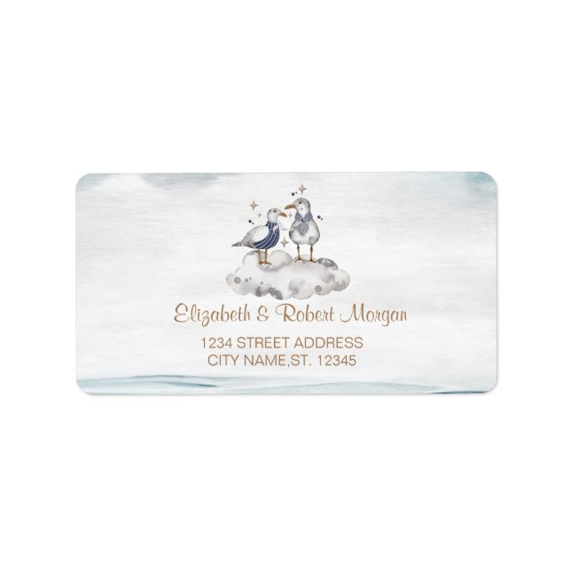 Etiqueta Boda acuática en la playa de Gaviotas (Frente)