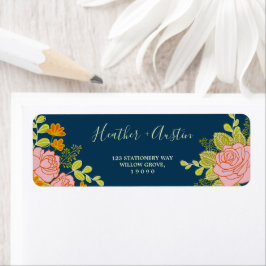 Etiqueta Boda azul de la Marina Oscura floral Botánica