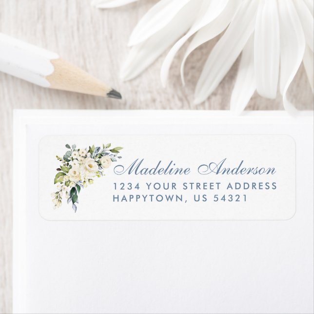 Etiqueta Boda azul turbio y floral blanco acuarela (In situ)