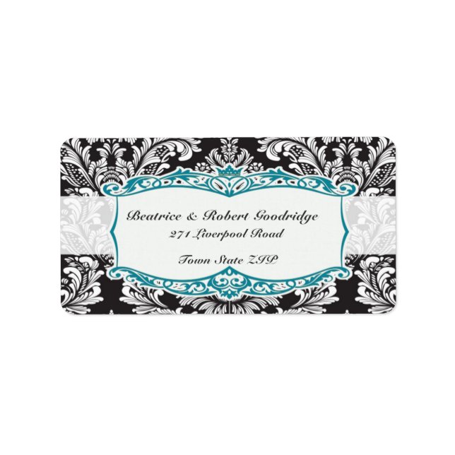 Etiqueta Boda blanco y negro de Damask (Frente)