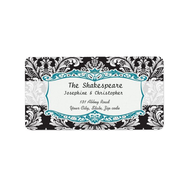 Etiqueta Boda blanco y negro de Damask (Frente)