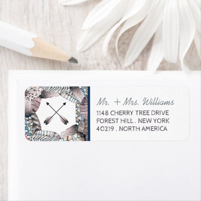 Etiqueta Boda bohemio de plumas tribales modernas (In situ)