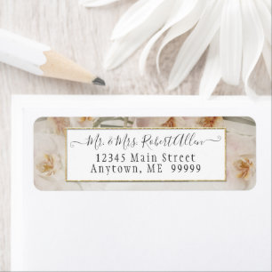 Etiqueta Boda Botánica Elegante Guión Dorado Floral Rosa