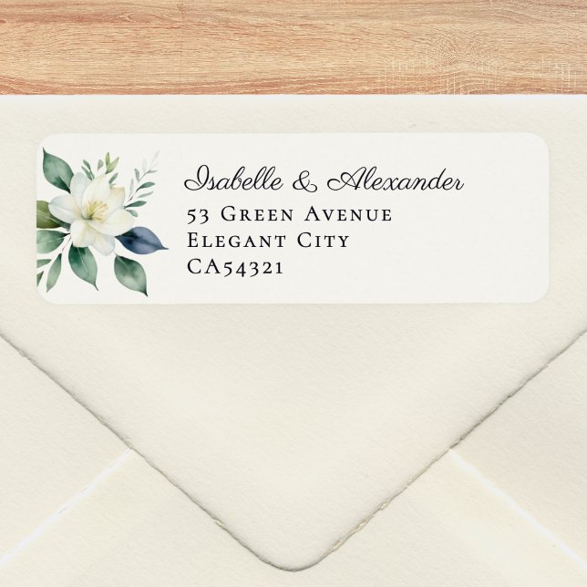 Etiqueta Boda Botánica Floral Elegante con Follaje (Elegant wedding address labels with white floral and greenery motif in a watercolor style)