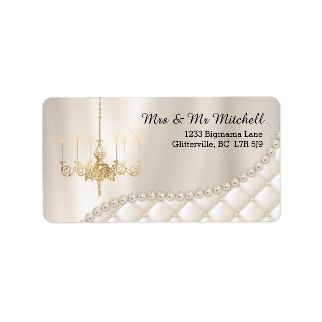 Etiqueta Boda Chandelier Iluminando Marfil Pearls Satin (Frente)