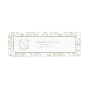 Etiqueta Boda con Cresta Monograma de Toile Verde Esmeralda