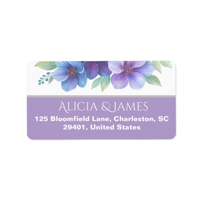 Etiqueta Boda de acuarela botánica púrpura romántico azul (Frente)