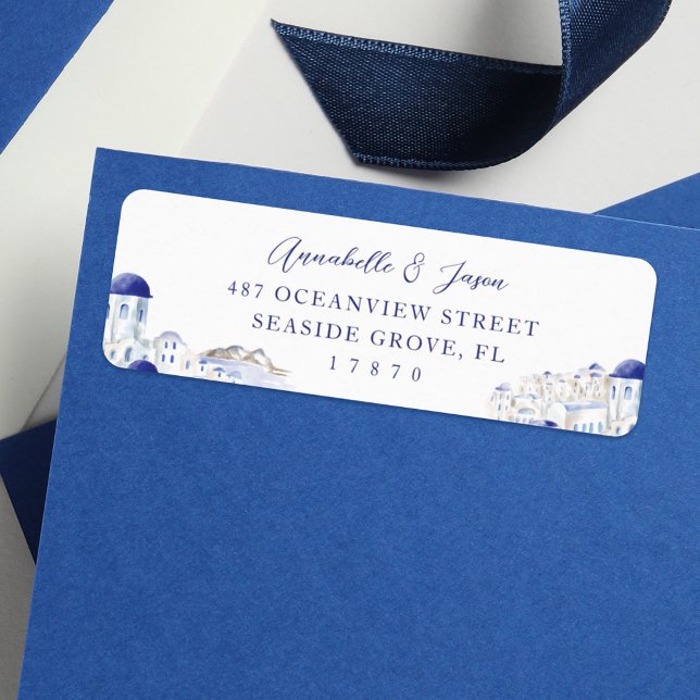 Etiqueta Boda de acuarela de arquitectura griega Santorini (Santorini Greece Architecture Watercolor Wedding Label)