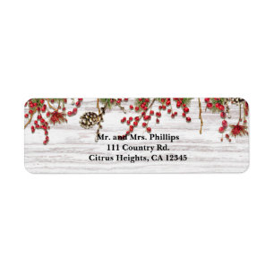 Etiqueta Boda de Bayas y Piñas de Navidad Rural de Invierno