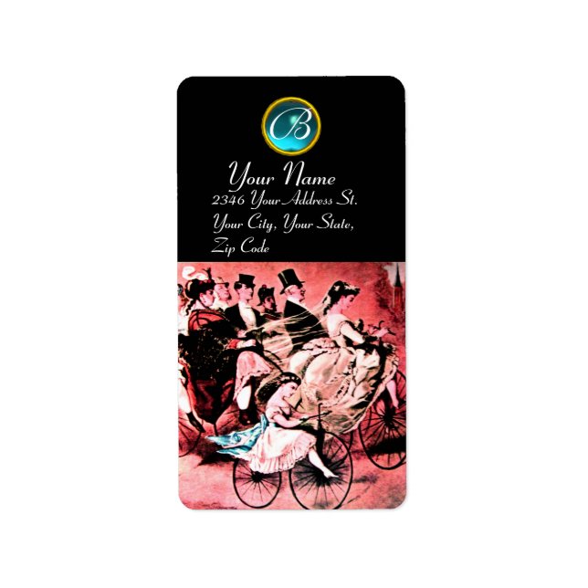 Etiqueta Boda DE BICICLETA AZUL ROJO NEGRO MONOGRAM (Frente)