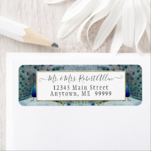 Etiqueta Boda de guion elegante de Blue Gold Peacock Vintag