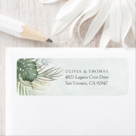 Etiqueta Boda de hojas de palma acuarela verde destino