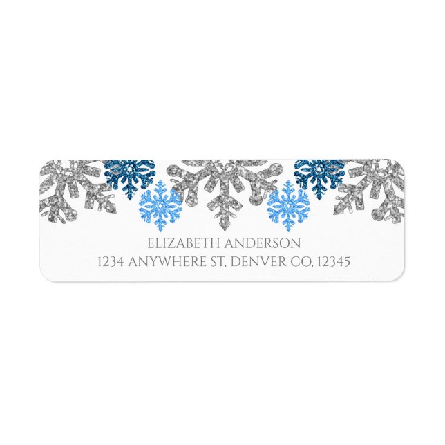 Etiqueta Boda de Invierno Silver Blue Snowflakes (Frente)