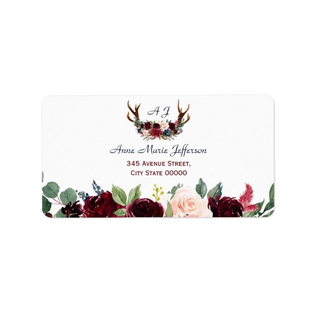 Etiqueta Boda de la Marina Boho Merlot Floral Azul (Frente)