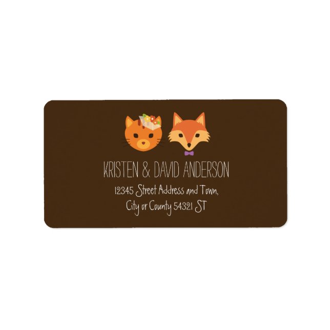 Etiqueta Boda de la Pareja Fox y Cat Woodland Whimsical (Frente)
