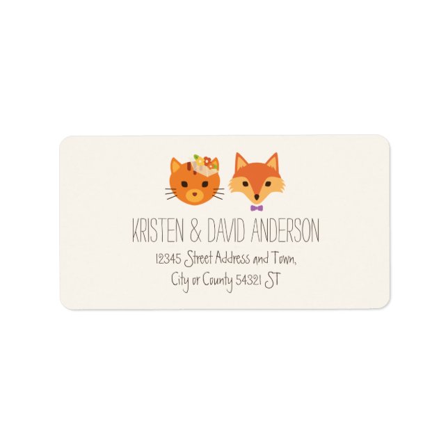 Etiqueta Boda de la Pareja Fox y Cat Woodland Whimsical (Frente)