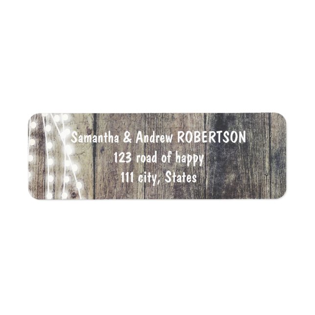 Etiqueta Boda de luces de cuerda y madera rústica (Frente)