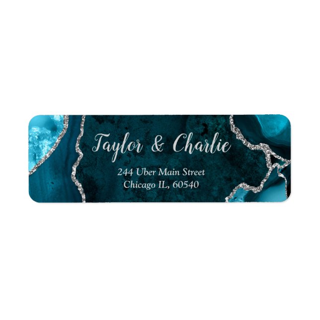 Etiqueta Boda de Mármol Teal y Ágata Plateada (Frente)