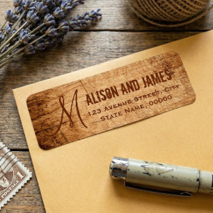 Etiqueta Boda de Monograma de Madera Rascada País Rústico