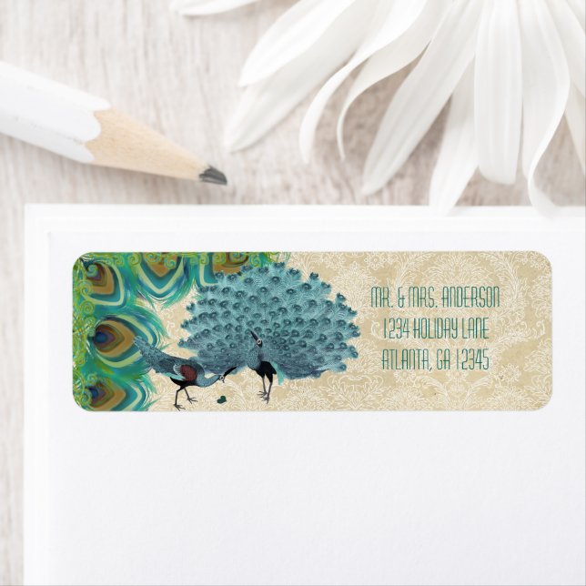 Etiqueta Boda de plumas de pavo real (In situ)