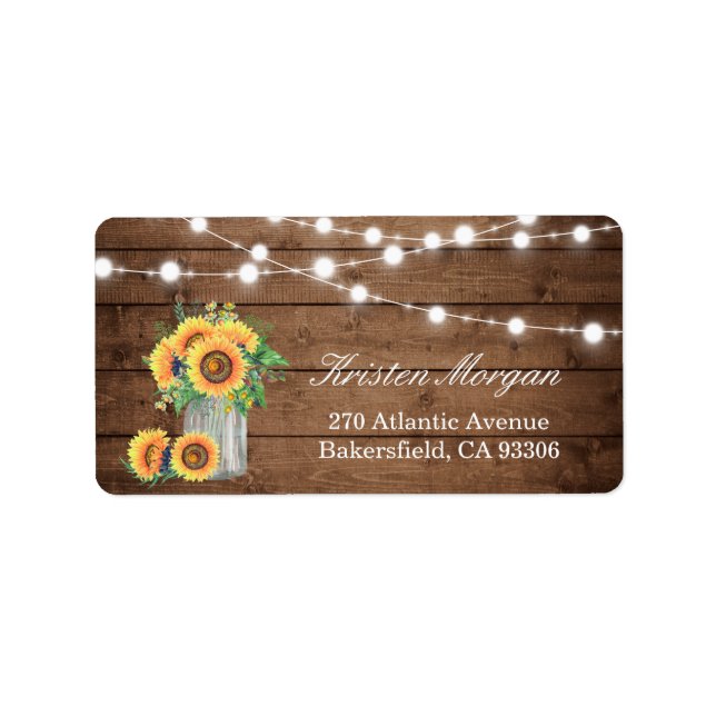 Etiqueta Boda de Rustic Wood Sunflowers Mason Jar Lights (Frente)