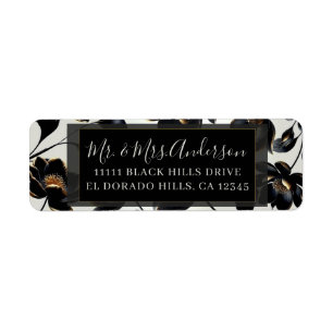 Etiqueta Boda elegante de color gris floral negro y dorado