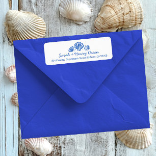 Etiqueta Boda en la Playa de Conchas Azul Blanco DIRECCIÓN