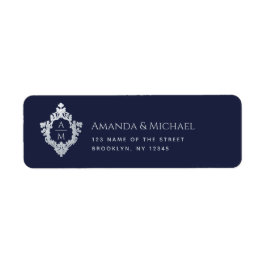Etiqueta Boda Escudo Navy Blue Monogram Vintage Elegante