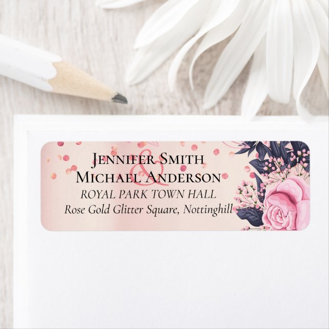 Etiqueta Boda floral azul rosado moderno (In situ)