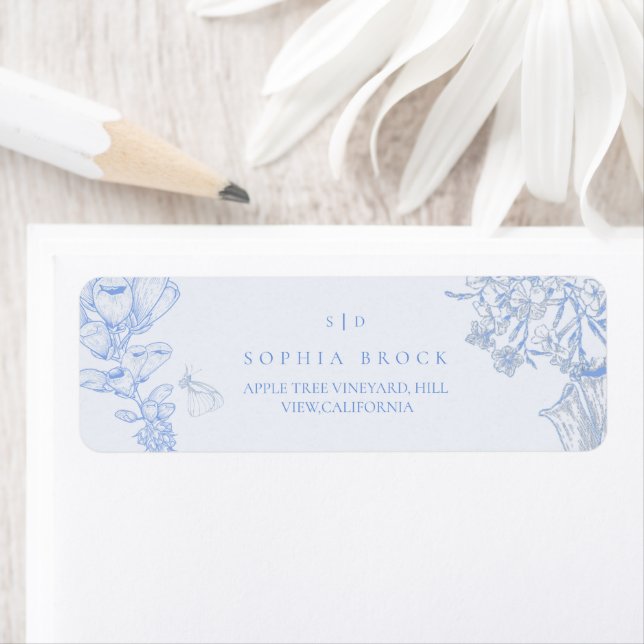 Etiqueta Boda floral blanco azul francés (In situ)